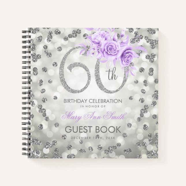 60th Birthday Guestbook Silver Purple Lights  Notebook (Front)