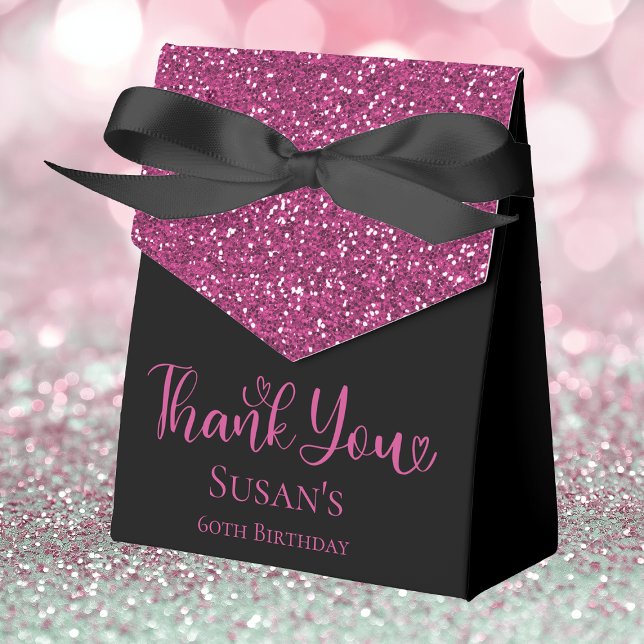 60th Birthday Hot Pink Glitter Black Thank You Favour Box (Creator Uploaded)