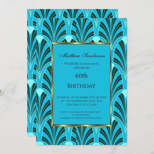 60th Birthday Invitation Art Deco Green Blue Teal (Front/Back)