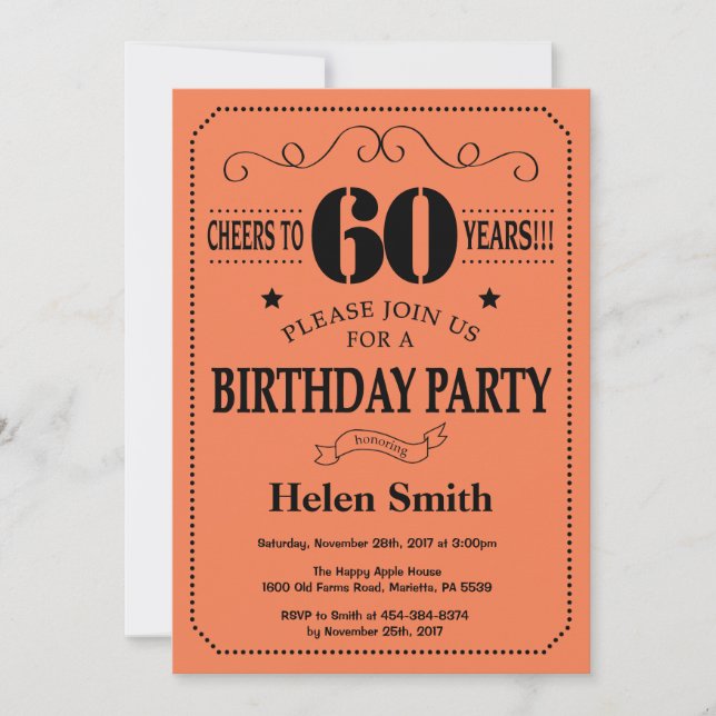 60th Birthday Invitation Black and Coral (Front)