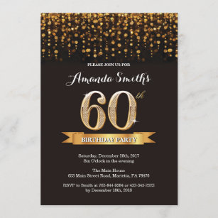 60th Birthday Invitation Black and Gold Glitter