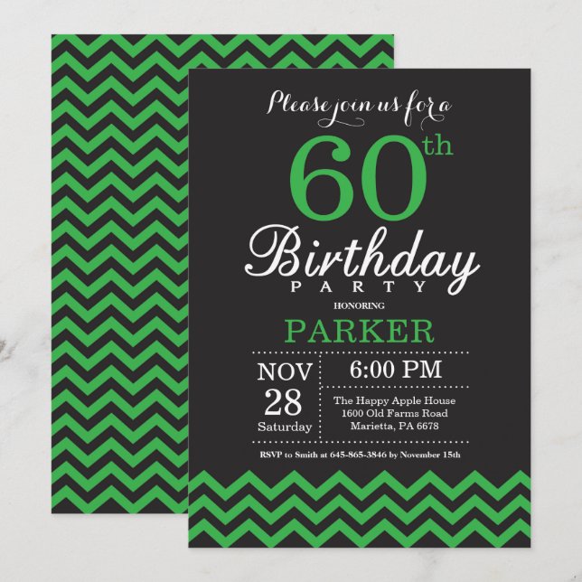 60th Birthday Invitation Black and Green Chevron (Front/Back)