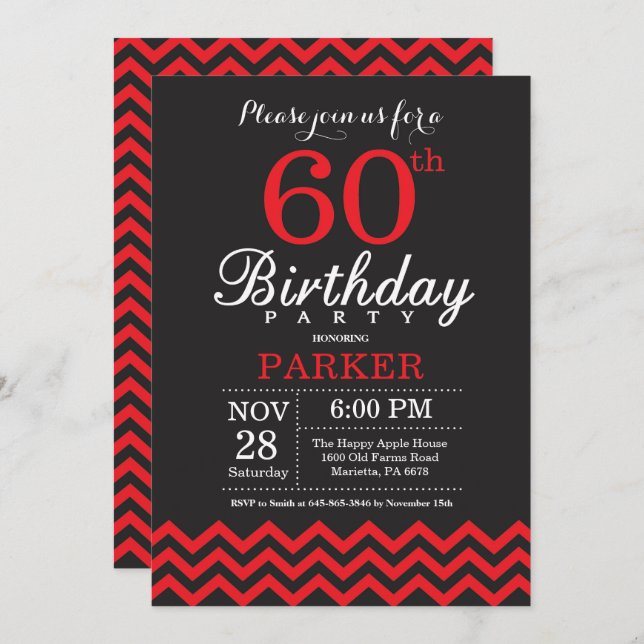 60th Birthday Invitation Black and Red (Front/Back)