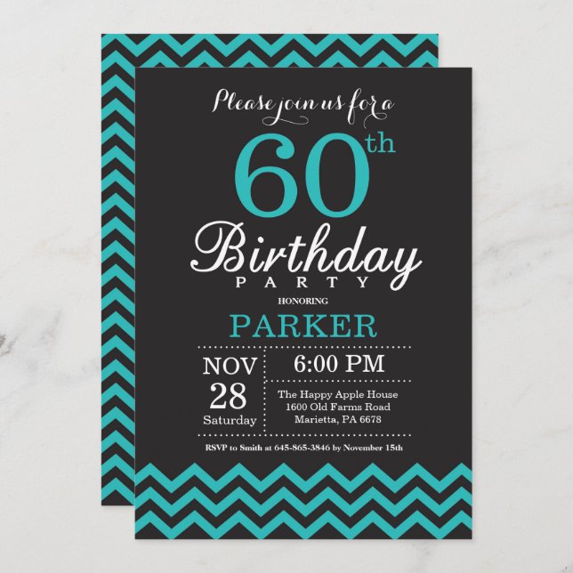 60th Birthday Invitation Black and Teal (Front/Back)