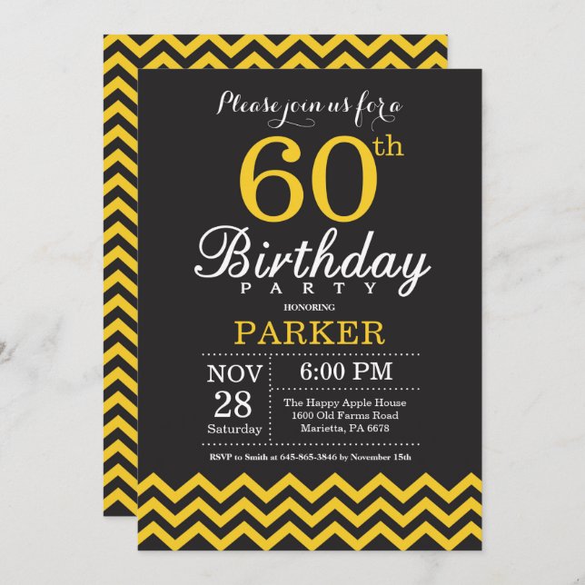 60th Birthday Invitation Black and Yellow Chevron (Front/Back)