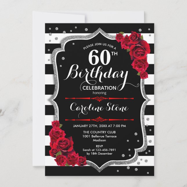 60th Birthday Invitation Black White Stripes Roses (Front)