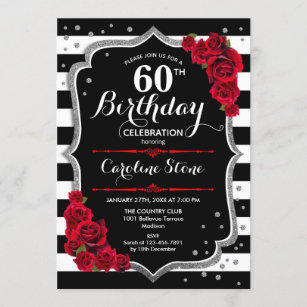 60th Birthday Invitation Black White Stripes Roses
