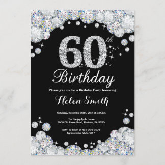 60th Birthday Invitation Chalkboard Silver Diamond