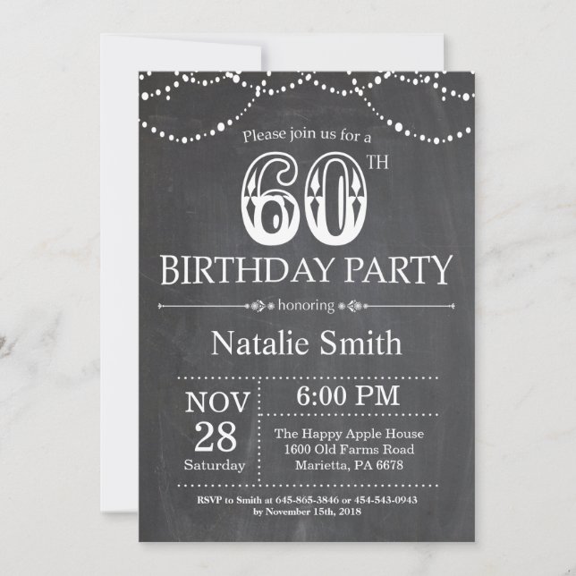 60th Birthday Invitation Chalkboard String Lights (Front)