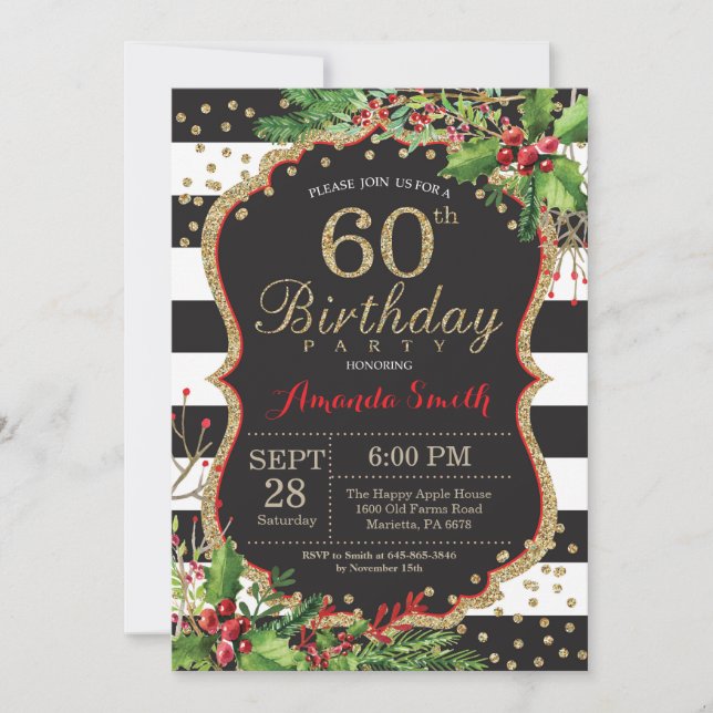60th Birthday Invitation. Christmas Red Black Gold Invitation (Front)