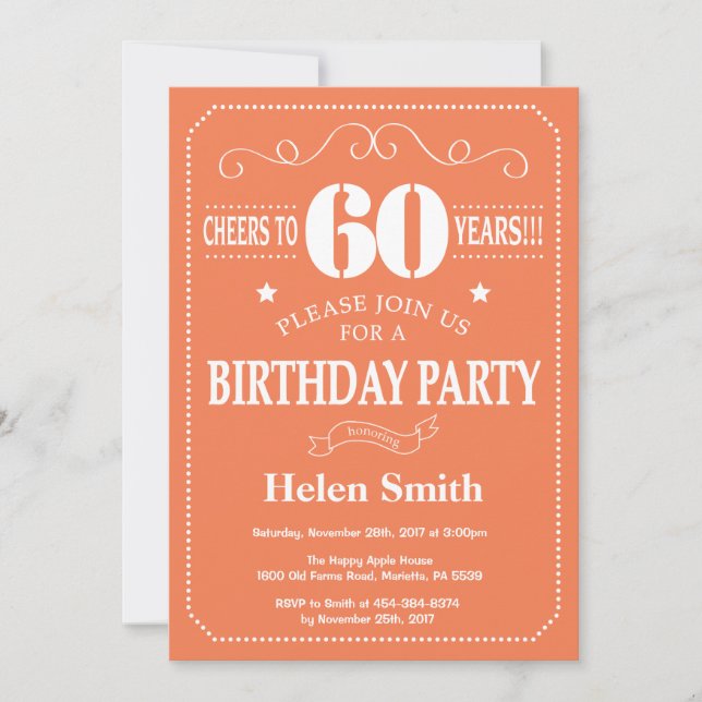 60th Birthday Invitation Coral and White (Front)