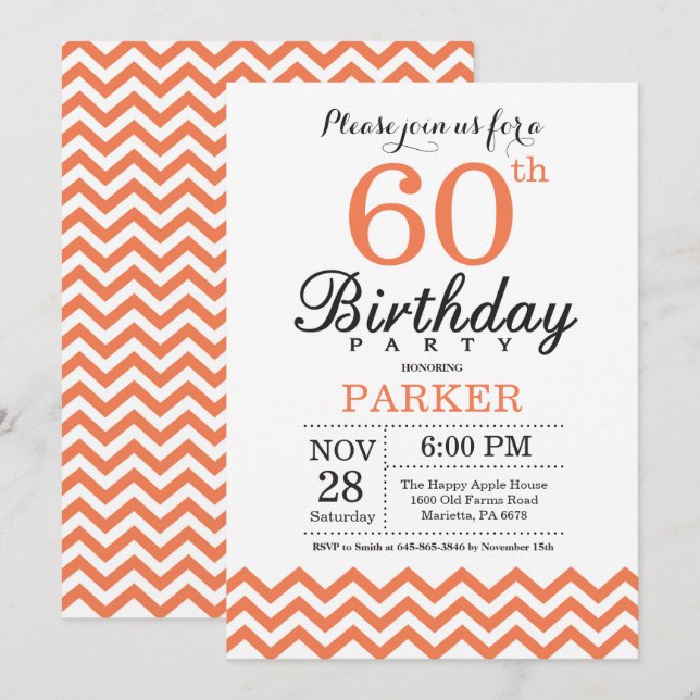 60th Birthday Invitation Coral Chevron (Front/Back)