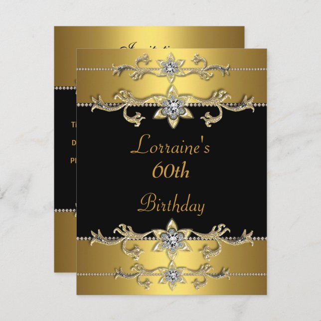 60th Birthday Invitation Elegant Black Gold (Front/Back)