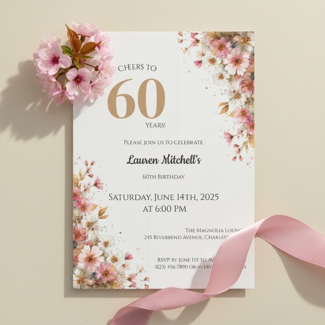 60th Birthday Invitation Elegant Gold Floral Style (Elegant gold floral watercolor 60th birthday invitation design)