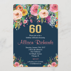 60th birthday invitation floral watercolor navy