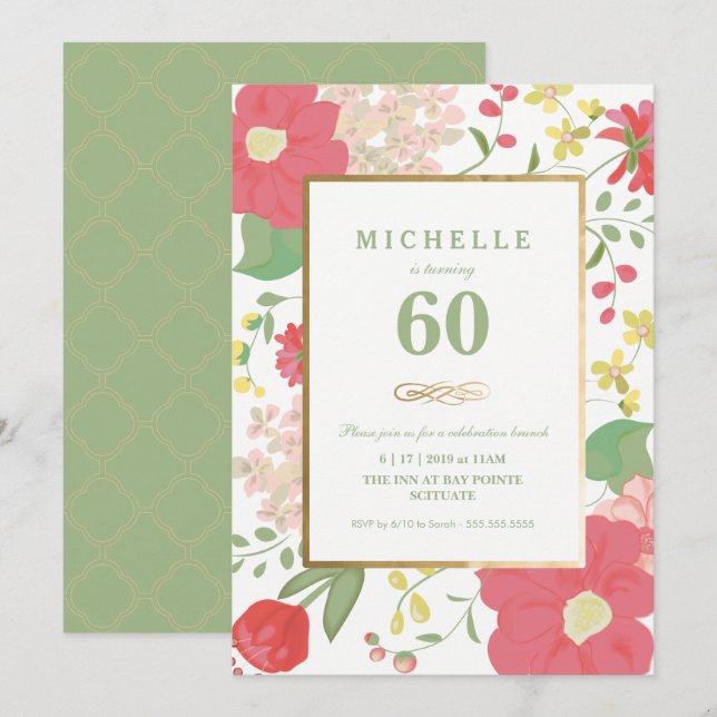 60th Birthday Invitation - Gold, Elegant Floral (Front/Back)