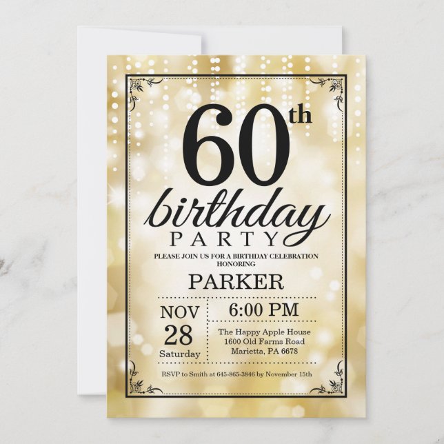 60th Birthday Invitation Gold Glitter (Front)