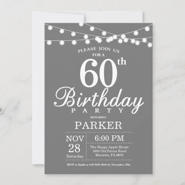 60th Birthday Invitation Grey and White (Front)