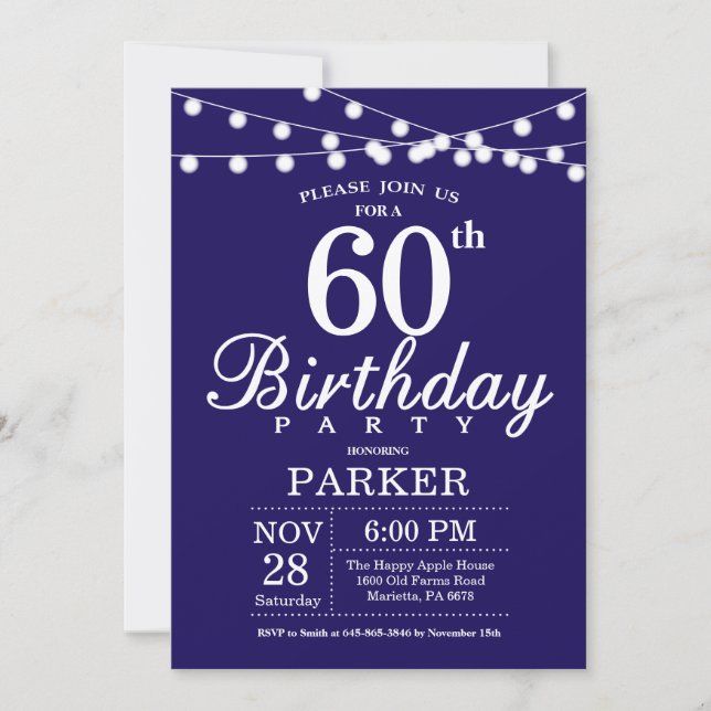 60th Birthday Invitation Navy Blue (Front)