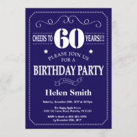 60th Birthday Invitation Navy Blue and White