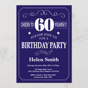 60th Birthday Invitation Navy Blue and White