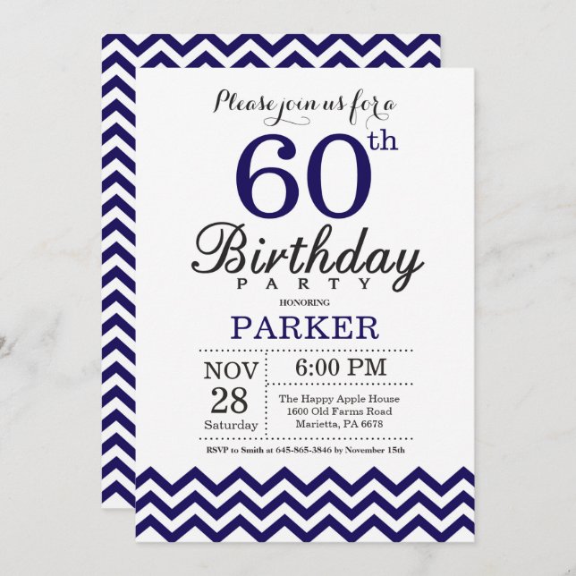 60th Birthday Invitation Navy Blue Chevron (Front/Back)