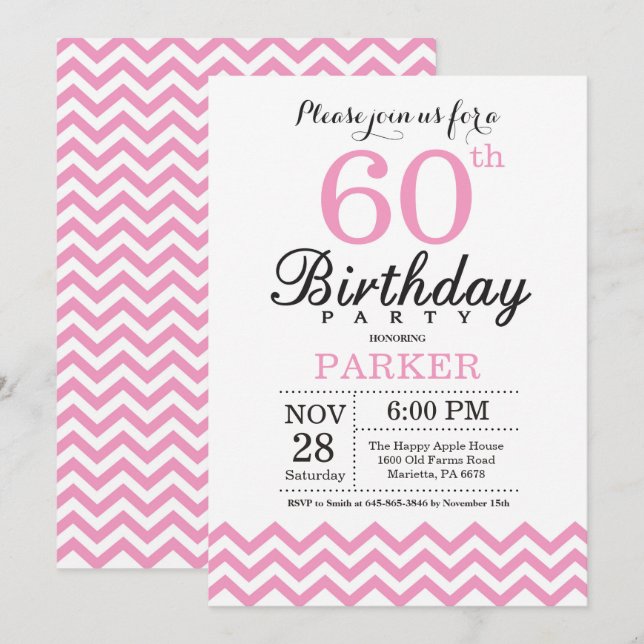 60th Birthday Invitation Pink Chevron (Front/Back)