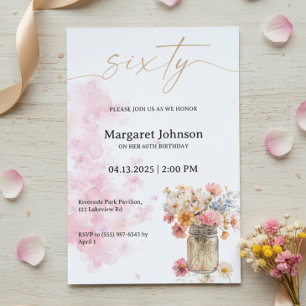 60th Birthday Invitation Pink Floral Watercolor