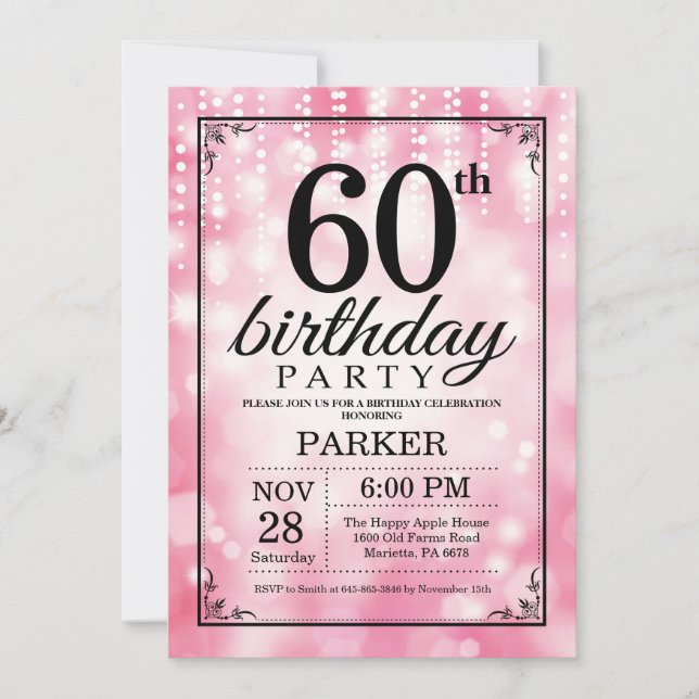 60th Birthday Invitation Pink Glitter (Front)