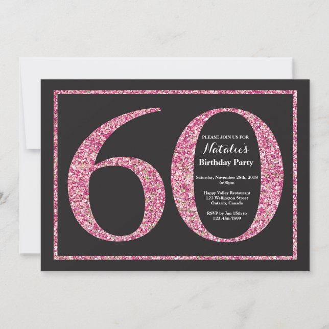 60th Birthday Invitation Pink Glitter Chalkboard (Front)