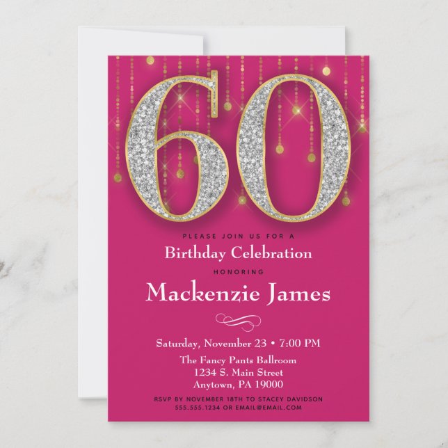 60th Birthday Invitation Pink Gold Diamonds Adult (Front)