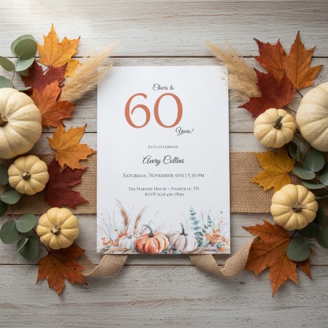 60th Birthday Invitation Pumpkin Floral Fall (Pumpkin floral fall watercolor 60th birthday invitation design)