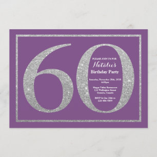 60th Birthday Invitation Purple and Silver Glitter