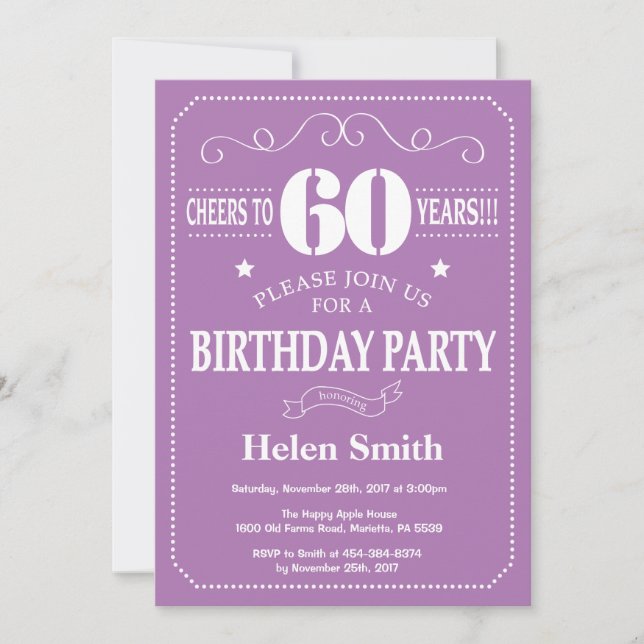 60th Birthday Invitation Purple and White (Front)