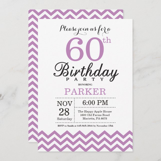 60th Birthday Invitation Purple Chevron (Front/Back)