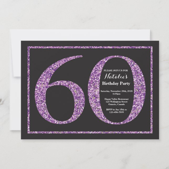 60th Birthday Invitation Purple Glitter Chalkboard (Front)