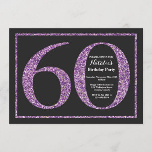 60th Birthday Invitation Purple Glitter Chalkboard