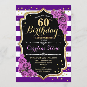 60th Birthday Invitation Purple Gold With Roses