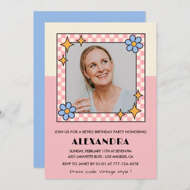 60th birthday invitation Retro Groovy Pink Flowers (Front/Back)
