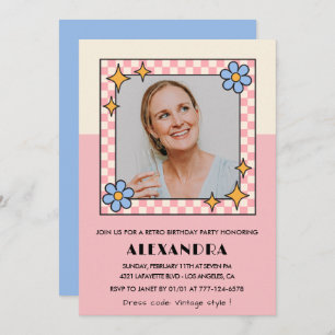 60th birthday invitation Retro Groovy Pink Flowers