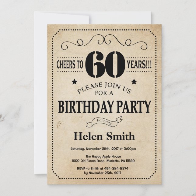 60th Birthday Invitation Rustic Vintage Retro (Front)