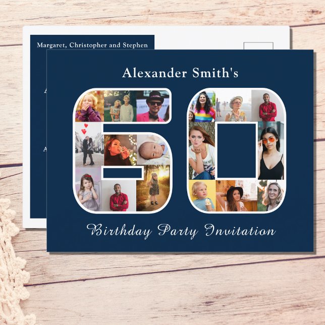 60th Birthday Invitation Sixty Photo Dark Blue Postcard (Personalized 60th birthday postcard invitation. Dark blue with photo collage template.)