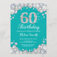 60th Birthday Invitation Teal and Silver Diamond