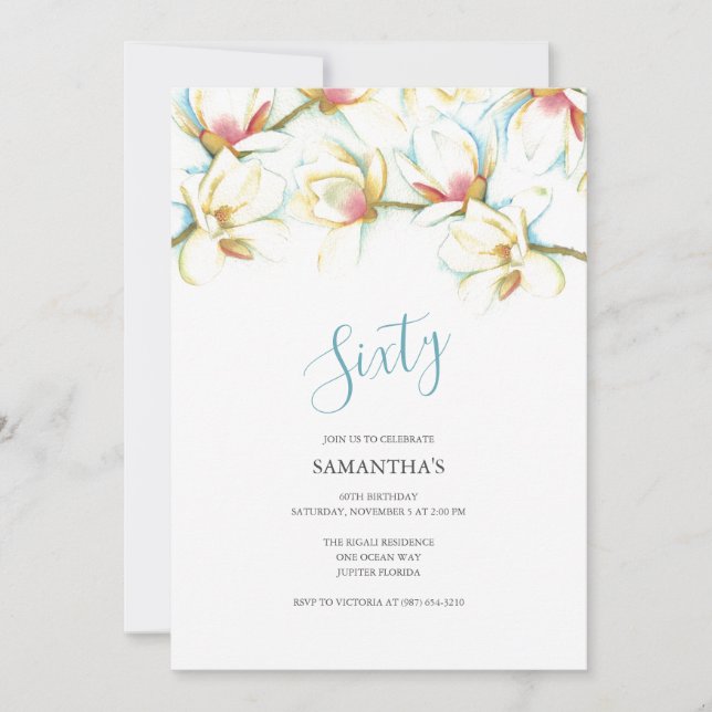 60th Birthday Invitation White Magnolias (Front)