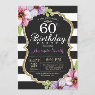 60th Birthday Invitation Women. Floral Gold Black