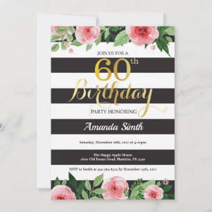 60th Birthday Invitation Women. Floral Gold Black