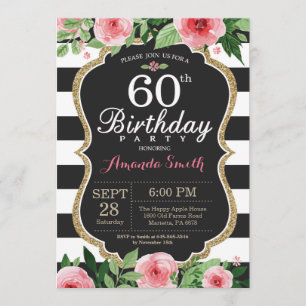 60th Birthday Invitation Women. Floral Gold Black