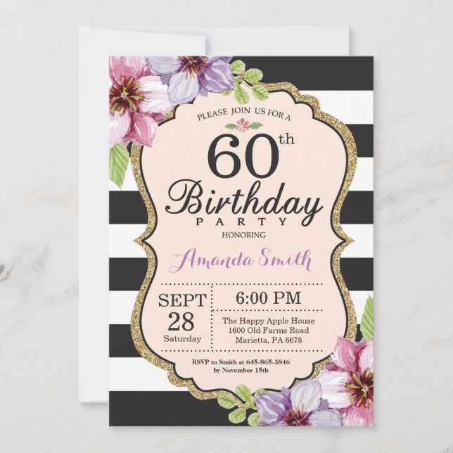 60th Birthday Invitation Women. Floral Gold Black (Front)