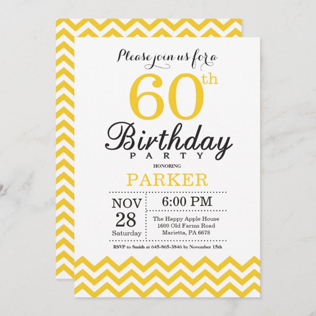 60th Birthday Invitation Yellow Chevron (Front/Back)
