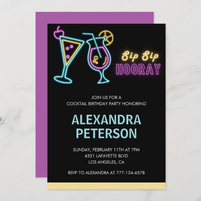 60th birthday invitations Cocktail Neon Glow (Front/Back)